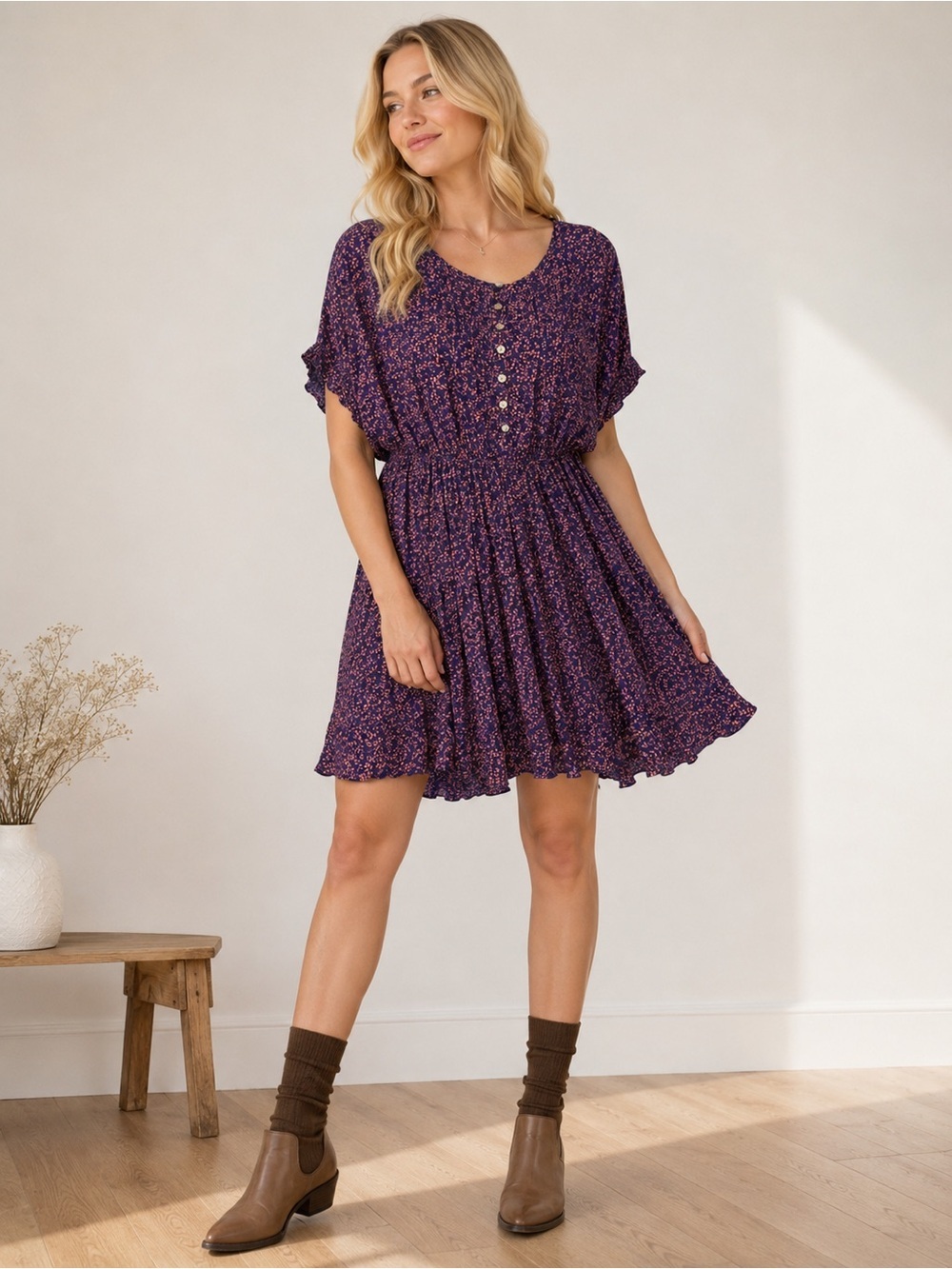 Free People Purple Floral Mini Dress | Boho Cottagecore Tie Waist | Size Small